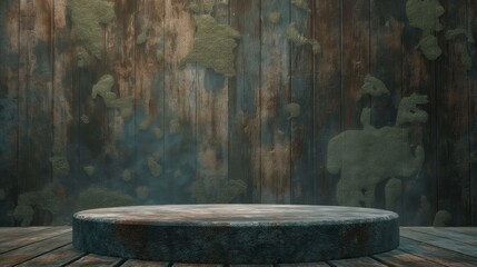 An empty round podium, against the background of an old wall. A platform for product demonstrations.  A stage showcase.