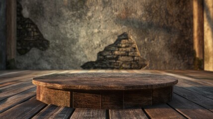 An empty wooden round podium, against the background of an old wall. A platform for product demonstrations.  A stage showcase.