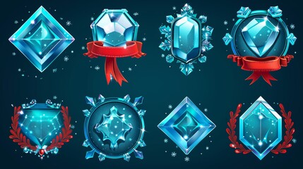 Luxury blue germstone or frozen avatar templates decorated with red ribbons, ice leaves, and sophisticated royal crowns for game use. Collection of round UI designs. - obrazy, fototapety, plakaty