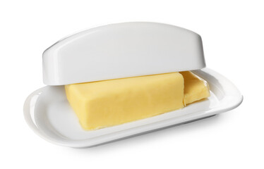 Tasty butter in dish isolated on white