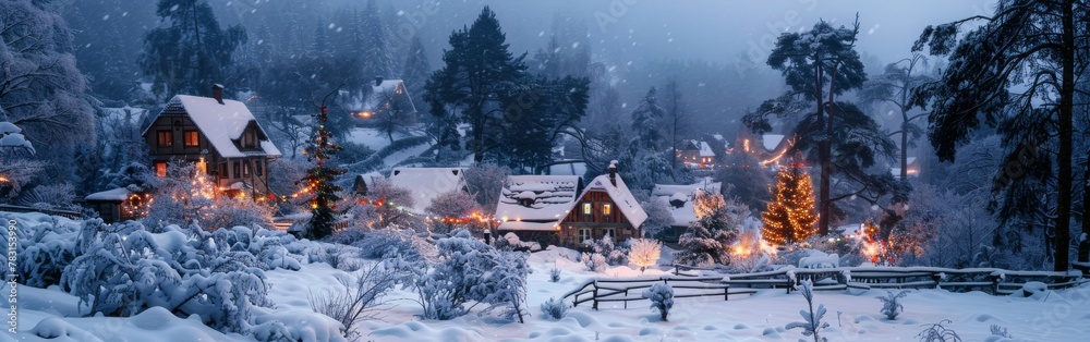 Poster a winter scene with snow-covered houses and trees in a village. festive lights adorn the trees, crea