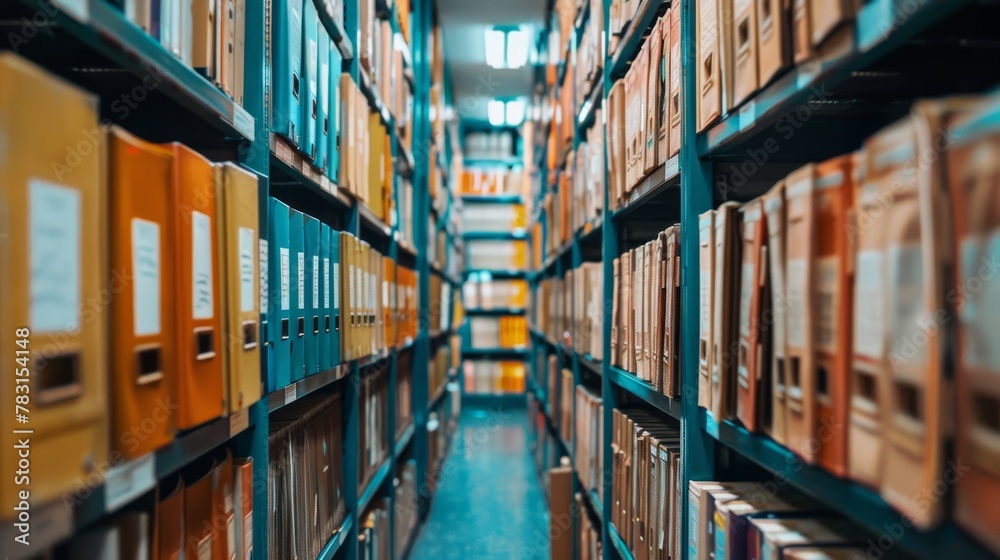 Poster A long row of shelves stretch out, lined with numerous books neatly arranged from top to bottom. The shelves are packed with a vast collection of books, creating a visually appealing and organized dis