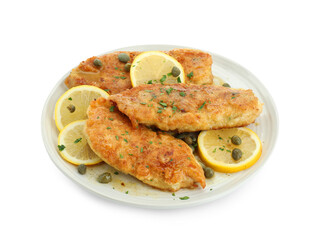 Delicious chicken piccata with herbs isolated on white