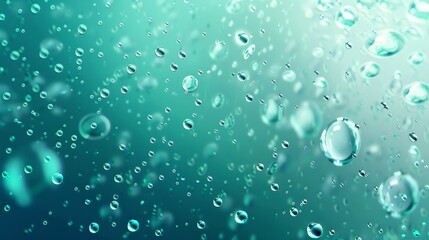 Realistic 3D modern illustration of condensation water drops on green background with bubbles fizzing, abstract wet texture and pure aqua blob pattern scattered across the top.