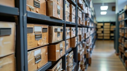 A large room packed with numerous boxes neatly organized in rows. The boxes vary in size, shape, and color, creating a sense of order and efficiency in the space.