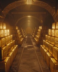 A future gold bar stockpile in a climate-controlled vault, monitored by AI security systems, in a fortress-like building - obrazy, fototapety, plakaty