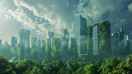 A futuristic city with skyscrapers powered by renewable energy sources, representing sustainable urban development