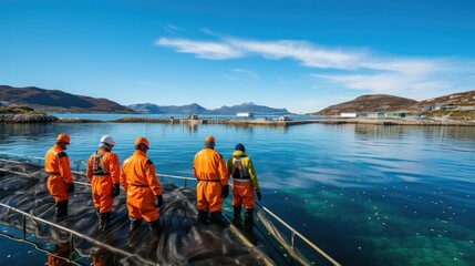 workers norwegian fish farm - obrazy, fototapety, plakaty