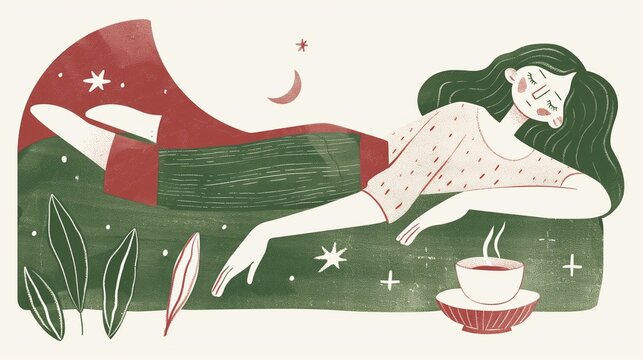 A serene, stylized illustration depicting a person in a peaceful, restful pose, embodying the concept of deep relaxation and sleep meditation, with calming colors and a tranquil setting.