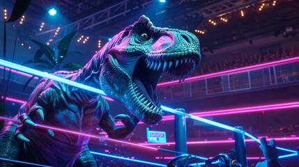 A neon-lit T-Rex ready to battle in a wrestling ring, roaring crowd in the backdrop - obrazy, fototapety, plakaty