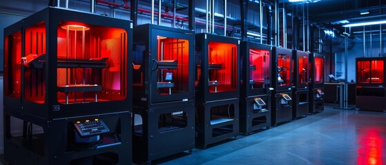 A row of 3D printers working in unison at a futuristic workshop - obrazy, fototapety, plakaty
