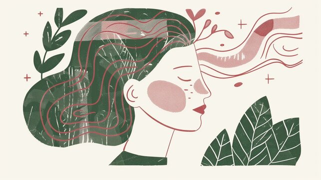 A serene image depicting a partial view of a persons face in a state of mindfulness meditation, seamlessly blended with tranquil wave patterns symbolizing peace and mental clarity.