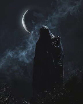 A shadowy figure disposing of evidence in the dead of night, the moon the only witness to the deed