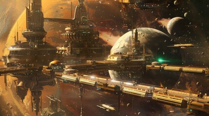 A space station trading hub for gold, with spaceships docking and traders from different planets bartering gold