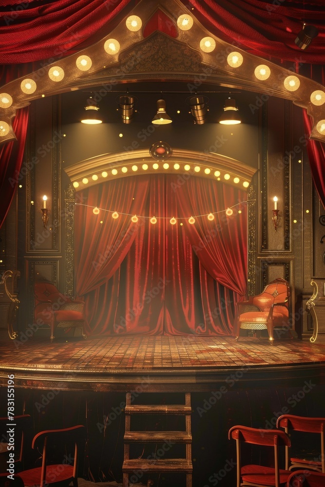 Sticker A vaudeville stage with vintage props and footlights, evoking nostalgia for a classic entertainment banner background