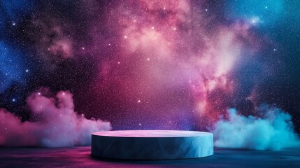 An empty round podium against the background of the starry night sky, in the galaxy.  A space showcase for displaying goods. 3D rendering.