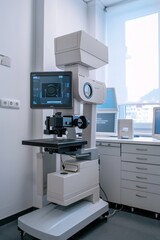 A spotless ophthalmology clinic with modern vision testing equipment, against a blank background for eye care innovation content