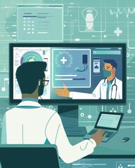 A telemedicine consultation showing a doctor and patient interacting via a smart screen, reflecting the rise of remote healthcare services - obrazy, fototapety, plakaty