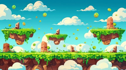 UI design for arcade. Floating green land pieces with grass and coins in a blue sky and cloudy cartoon landscape. 2-D background, location with bonus assets.