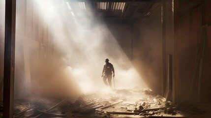 worker blurred interior demolition