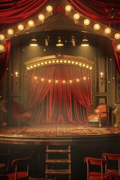 A vaudeville stage with vintage props and footlights, evoking nostalgia for a classic entertainment banner background