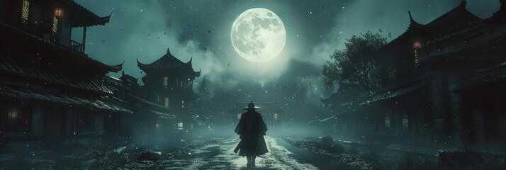 An Asian Jiangshi hopping through an ancient village, its stiff body dressed in Qing dynasty clothes, under the moonlight - obrazy, fototapety, plakaty