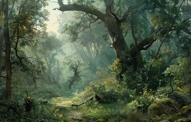 An artistic rendering of Sherwood's dense undergrowth, serving as the perfect hideout for Robin Hood's ambushes - obrazy, fototapety, plakaty