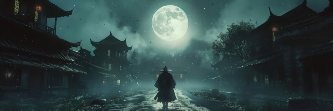 An Asian Jiangshi hopping through an ancient village, its stiff body dressed in Qing dynasty clothes, under the moonlight