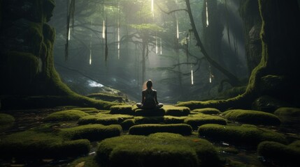 Generative AI A yogi performing yoga poses on a soft carpet of moss, surrounded by ancient trees in...