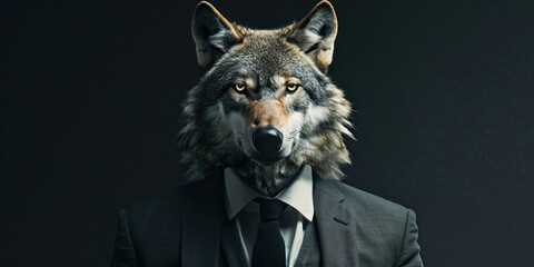 Fototapeta premium A majestic wolf in a sleek suit and tie, embodying the spirit of power and success in the financial world