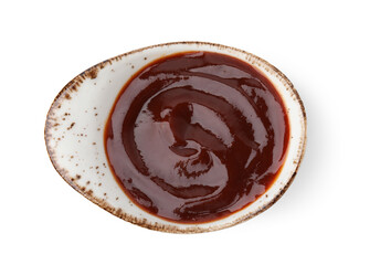 Marinade in gravy boat isolated on white, top view