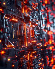 Cybernetic core of a supercomputer with glowing red data paths
