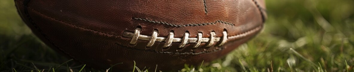 Detailed view of a Gaelic football on the grass, highlighting its stitching and the texture of the leather - obrazy, fototapety, plakaty
