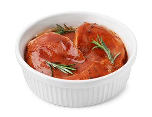 Raw marinated meat and rosemary in bowl isolated on white