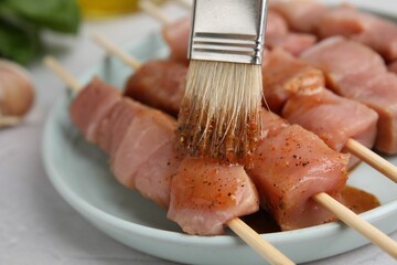 Spreading marinade onto raw meat with basting brush on light table, closeup
