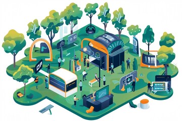 Isometric tech festival in a park with tents showcasing virtual reality gear