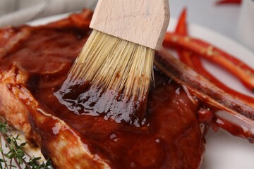 Spreading marinade onto raw meat with basting brush on plate, closeup