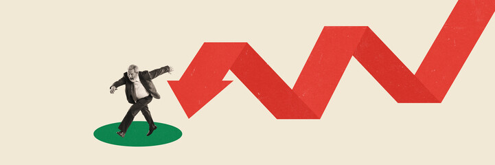 Obraz premium Elderly businessman running away from red arrow in decline position. Conceptual creative design. Avoiding potential losses and crisis. Concept of business, challenges, financial decline