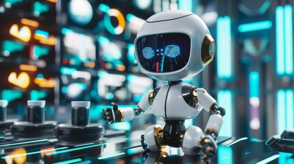 Fototapeta premium Robotic marketer in 3D, developing and implementing marketing campaigns, analyzing consumer data to drive sales strategies