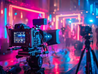 Professional video cameras gear up for a night shoot in neon lights - obrazy, fototapety, plakaty
