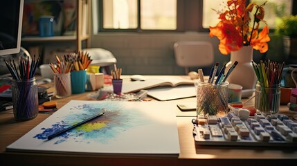 Naklejka na ściany i meble artistic blurred interior home office desk