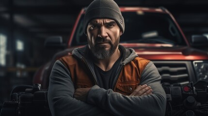 Generative AI Portrait of an auto mechanic with a toolbox, professional and confident, garage setting with vehicle lifts visible