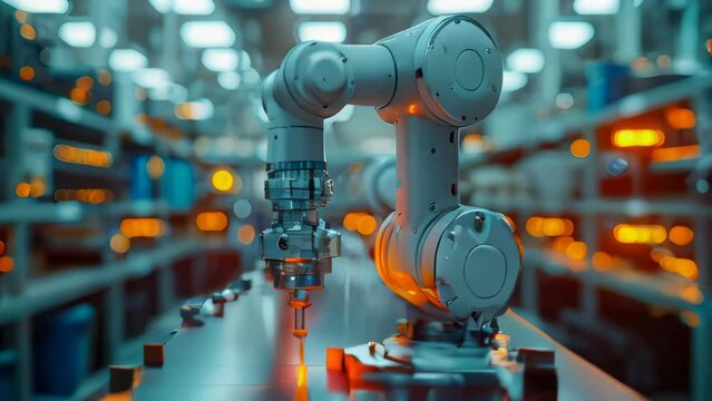 robotic arms working on assembly line in factory. Concept of artificial intelligence for industrial revolution and automation manufacturing process