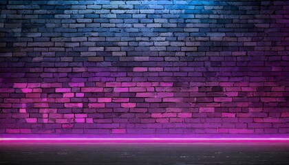 Grunge purple brick wall illuminated by vibrant blue and pink neon lights
