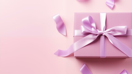 Pastel gift box, pink gift box with ribbon and pink ribbons on pink background, shiny romance single object packet event