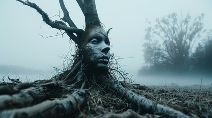 Fototapeta premium Twisted roots morph into a ghostly face amidst mist, a metaphor for nature's mysteries