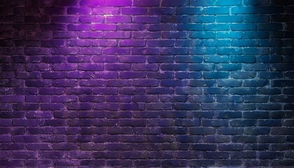 Grunge purple brick wall illuminated by vibrant blue and pink neon lights, creating an urban industrial atmosphere with a modern twist.