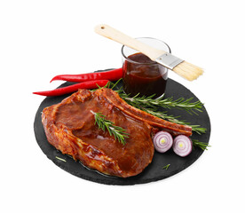 Tasty meat, rosemary, marinade, chili and onion isolated on white