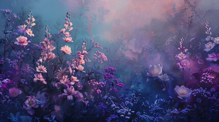 Whimsical flowers bask in a twilight glow, an ethereal botanical scene - obrazy, fototapety, plakaty