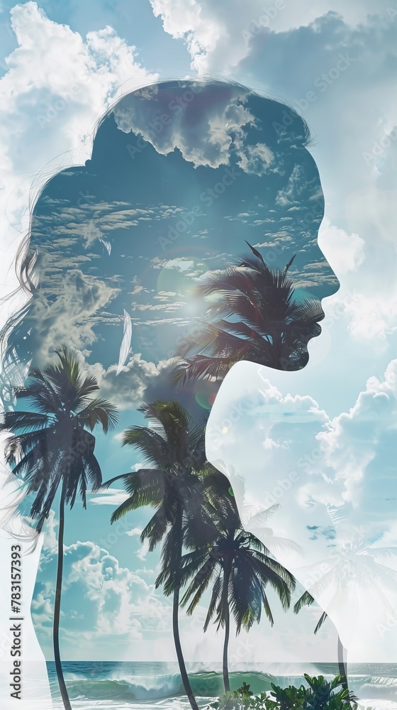 Poster A double exposure featuring a womans face overlapping with palm trees in the foreground. The blending of the two elements creates a striking visual effect.
